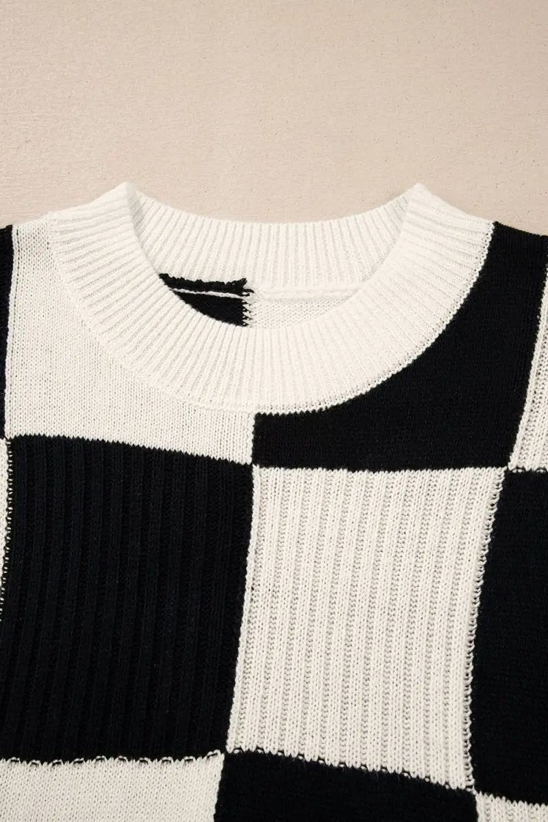 Black Checkered Color Block Crew Neck Short Sleeve Sweater - Love Salve